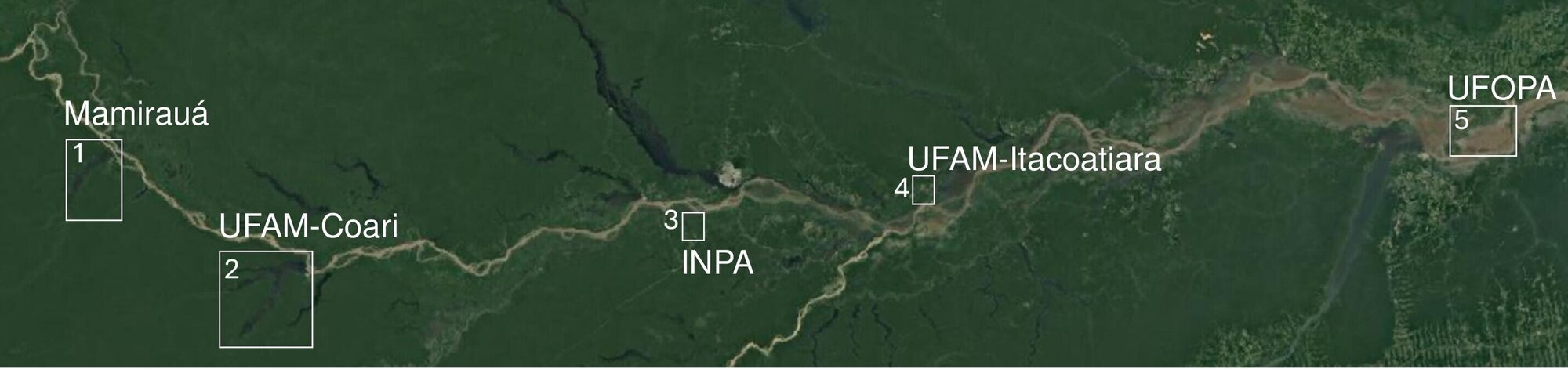 Faixa de imagem de satélite da Amazônia Central com os cinco lagos marcados ao longo do rio Solimões-Amazonas