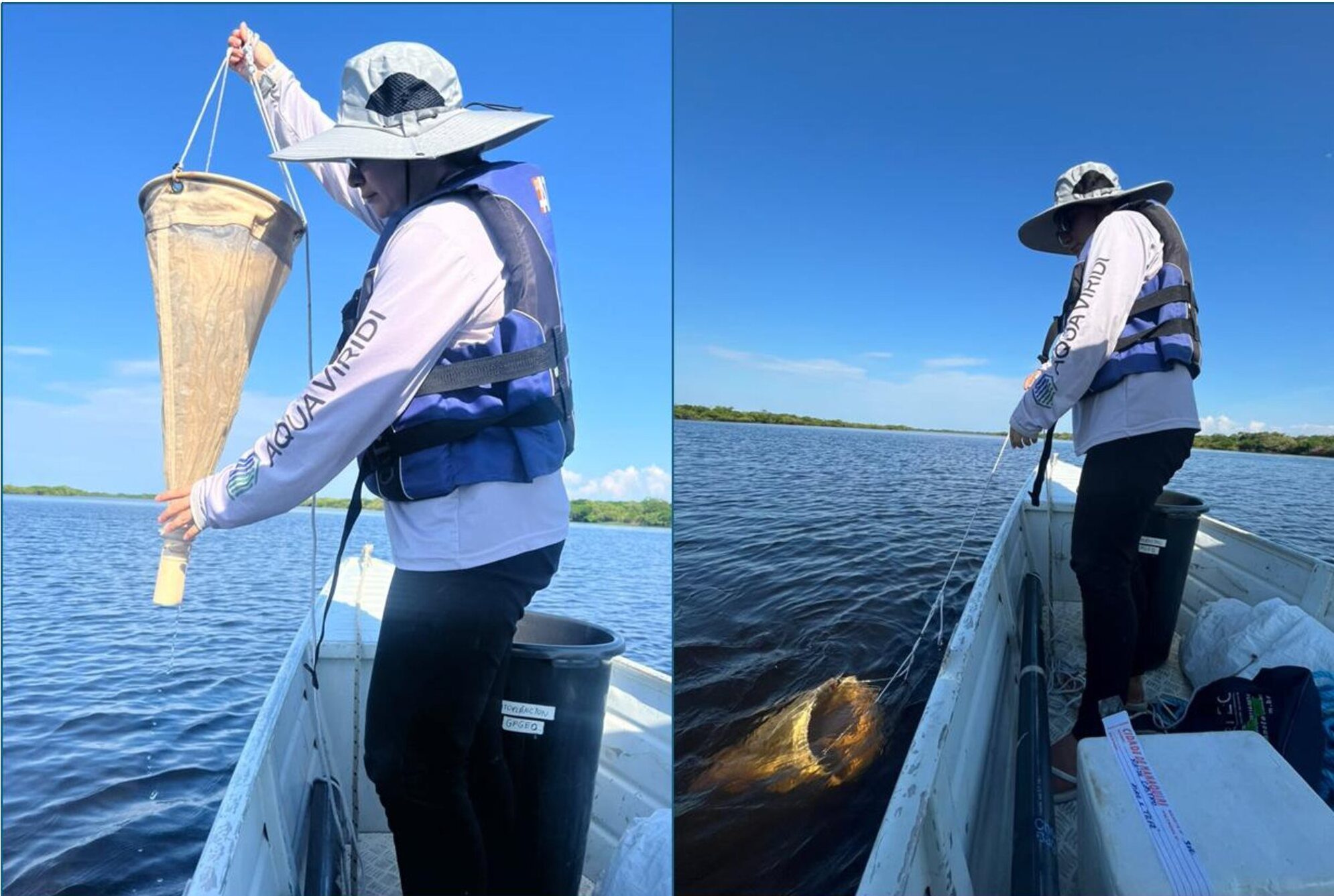 Pesquisadora coletando plâncton com rede a partir de um barco