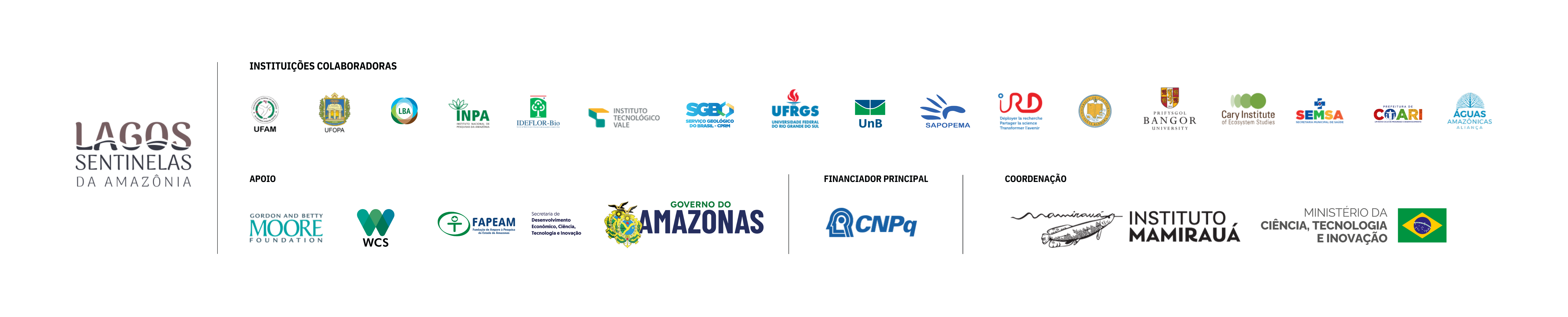 Régua de parceiros do projeto: instituições colaboradoras, apoio, financiador principal CNPq e coordenação do Instituto Mamirauá com o Ministério da Ciência, Tecnologia e Inovação